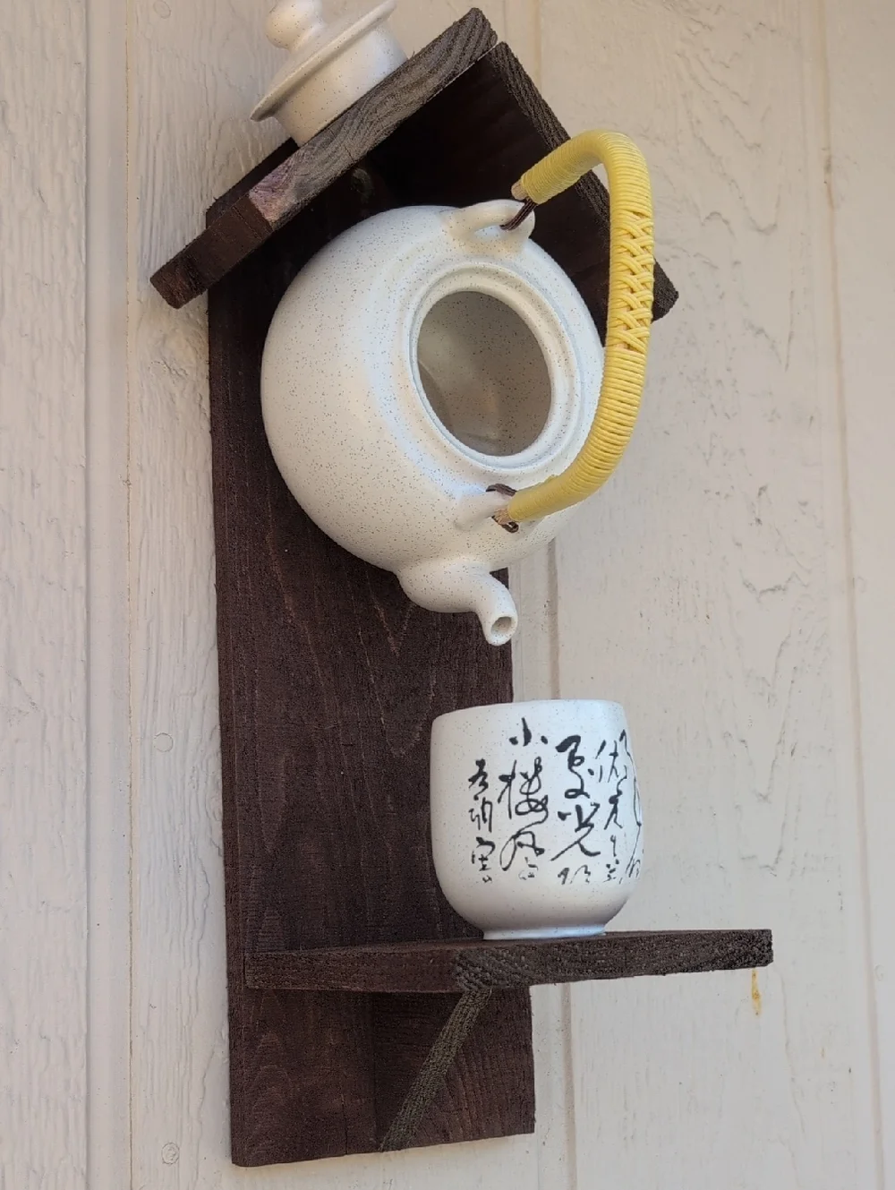 Rustic Wooden Handmade Bird Feeder Teapot Tea For All